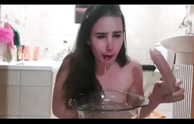 Dirty whore chocking on dildo | self piss face dunking | drinking piss | self golden shower
