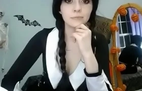 Busty natural brunette making his show of halloween